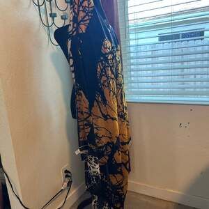 Diane Von Furstenberg Tree Print Scarf Shawl Black gold tan wool silk cashmere